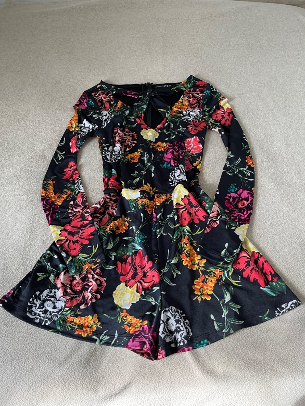 Guess Floral Long Sleeve Romper With Chest Cut Out In Multicolors